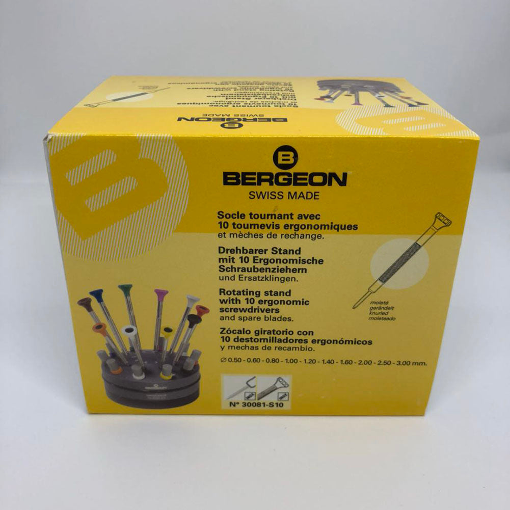 Bergeon 30081-S10 precision watchmakers screwdrivers set with ergonomic handles and rotating stand for detailed repairs