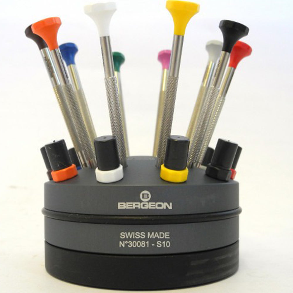 Bergeon 30081-S10 ergonomic watchmakers screwdrivers set with rotating stand for precise watch repair tasks