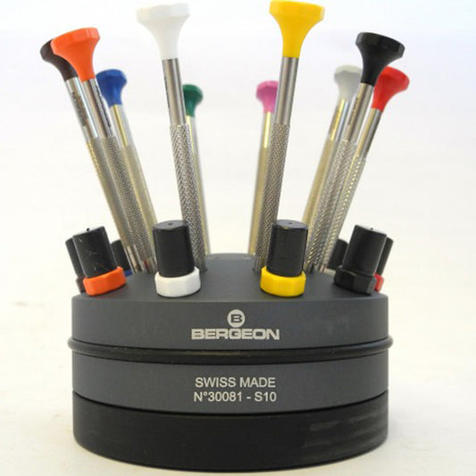 Bergeon 30081-S10 ergonomic watchmakers screwdrivers set with rotating stand for precise watch repair tasks