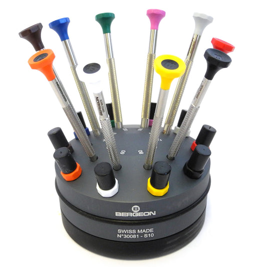 Bergeon 30081-S10 ergonomic watchmakers screwdrivers set with rotating stand for precise watch repair tasks