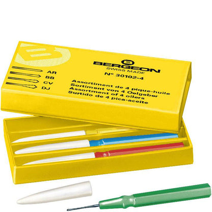 Bergeon 30102-4 oiler set of 4 for precise watch maintenance in compact cardboard box