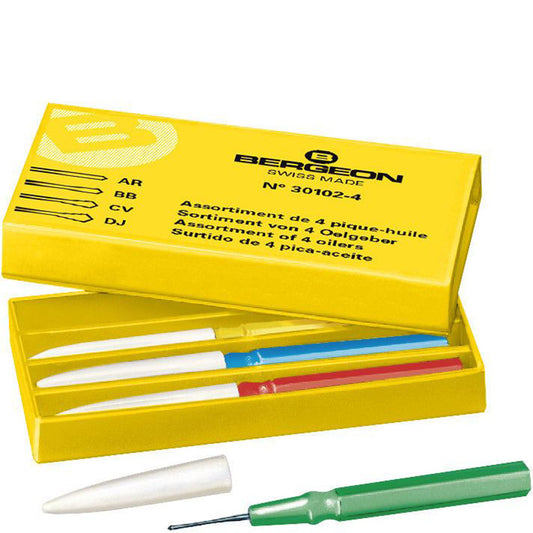 Bergeon 30102-4 oiler set of 4 for precise watch maintenance in compact cardboard box