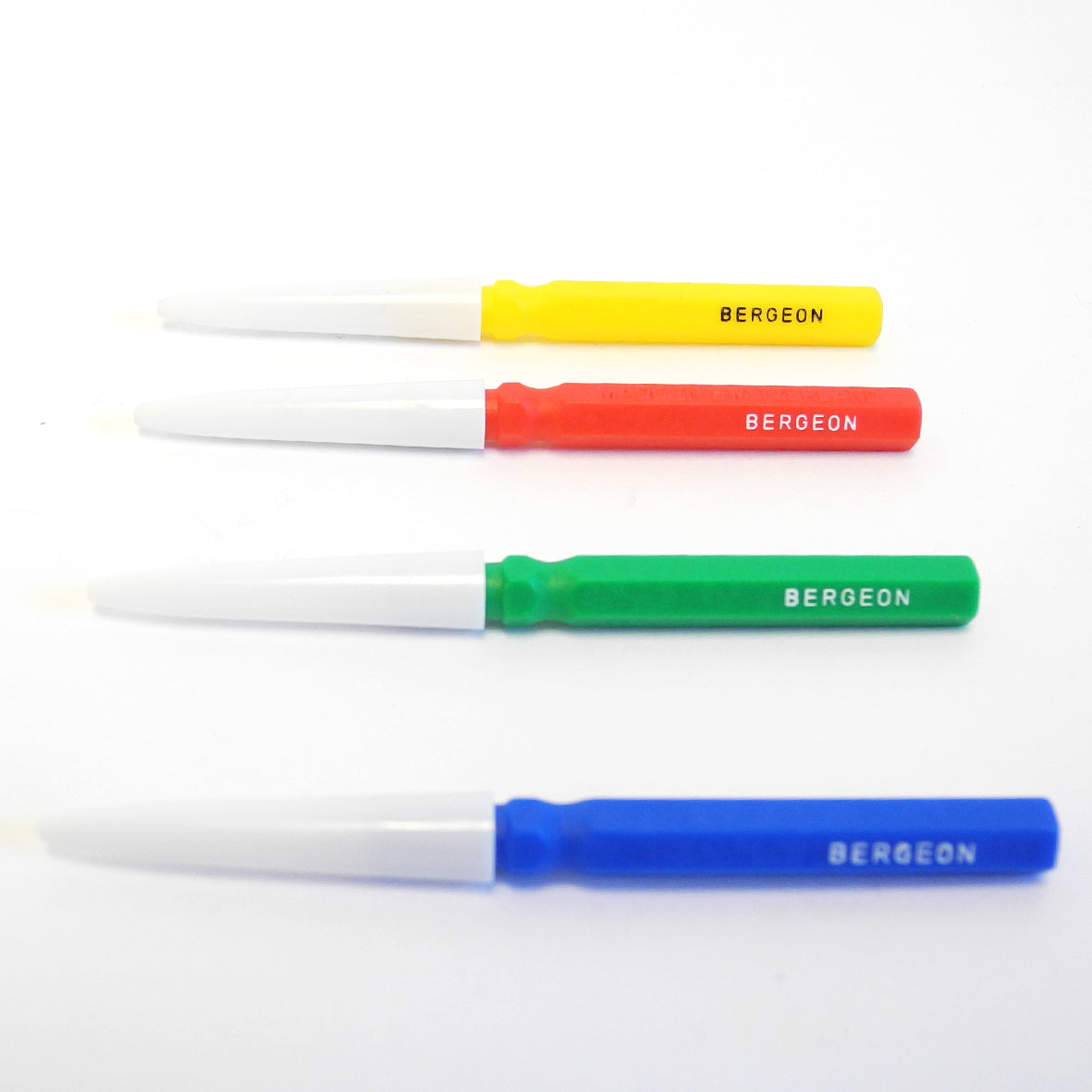 Bergeon 30102-4 oiler set of 4 for precise watch maintenance in compact cardboard box.