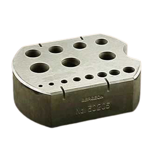 Bergeon 30205 hardened steel riveting stakes with 15 holes, sizes 2.00-8.60 mm for precise watch repairs
