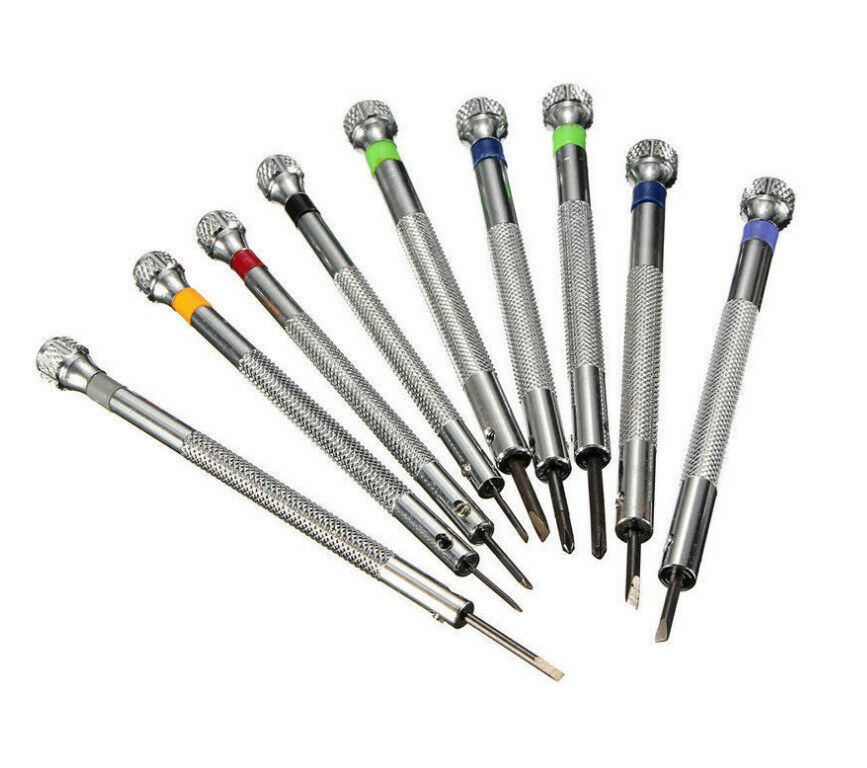 Set of 9 flat blade screwdrivers, sizes 0.6mm-2.0mm, ideal for precise watch repairs.