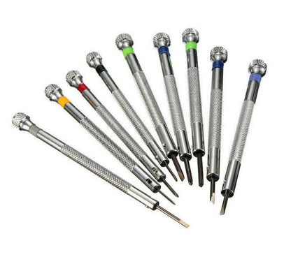 Set of 9 flat blade screwdrivers, sizes 0.6mm-2.0mm, ideal for precise watch repairs.