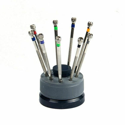 Set of 9 flat blade screwdrivers 0.6-2.0mm for precise watch repair.