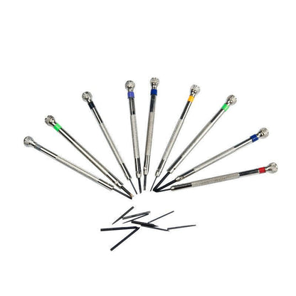 Set of 9 flat blade slotted screwdrivers 0.6-2.0mm for precise watch accessory repairs and adjustments.