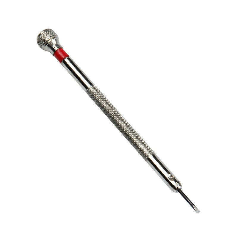 Set of 9 flat blade screwdrivers (0.6-2.0mm) for precise watch repair tasks.