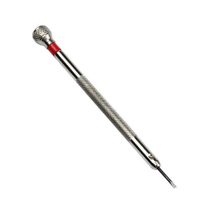 Set of 9 flat blade screwdrivers (0.6-2.0mm) for precise watch repair tasks.