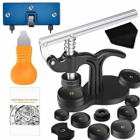 Watch Back Case Press tool kit with 17 pieces for precise watch battery replacement and casing.