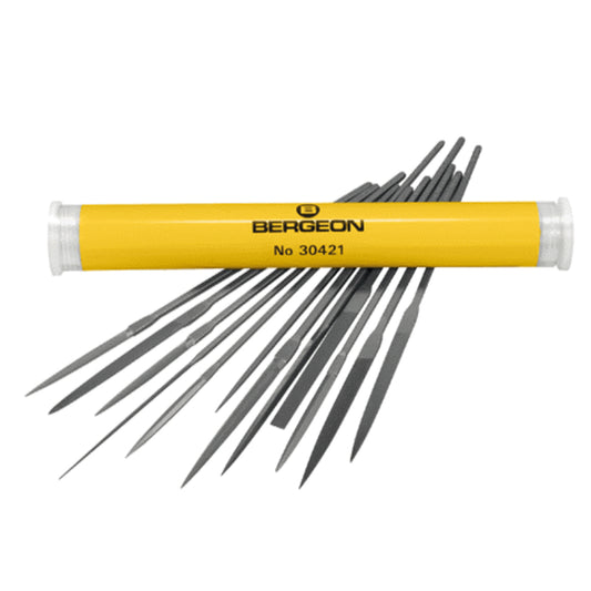 Bergeon 30421 set of 12 escapement files, 35-55mm, precision watchmaking tools for fine adjustments.