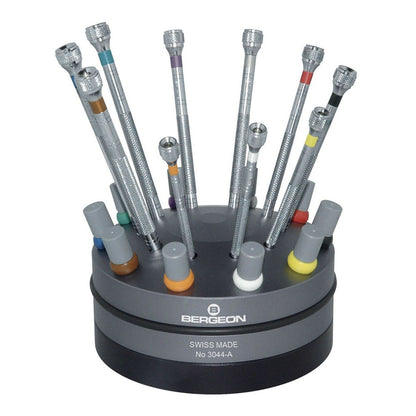 Bergeon 3044-A set of 10 precision screwdrivers on rotating stand for watch repair accessories.