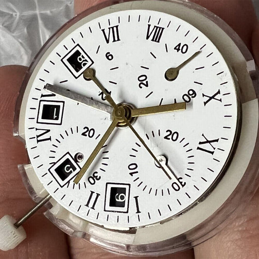 Black dial watch accessory featuring ETA 7750 chronograph movement with single calendar.