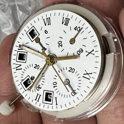 Black dial chronograph watch with ETA 7750 movement and single calendar display.