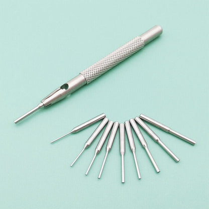 Multi-size watch strap punch tool, adjustable length for precise leather strap modifications.