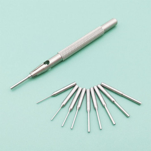 Multi-size watch strap punch tool, adjustable length for precise leather strap modifications.