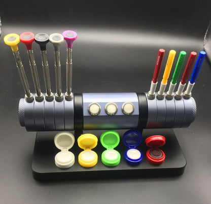 7011 watch repair tool set with screwdrivers, oiler, and alloy stand for precise watch accessory maintenance.