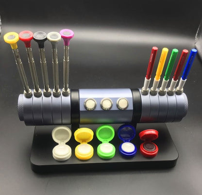 7011 watch repair tool set featuring screwdrivers, oiler, and alloy stand for precise maintenance.