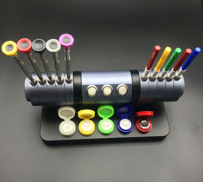 7011 watch repair set with screwdrivers and oiler on alloy stand for precise accessory maintenance by 7011.