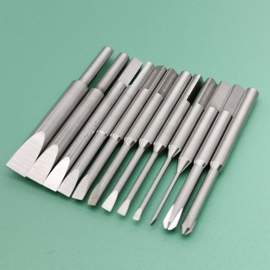 Ergonomic screwdriver blades set for watchmakers, stainless steel precision tool.