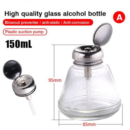 150ml anti-static press-type glass bottle for precise alcohol dispensing in watch and phone repairs.