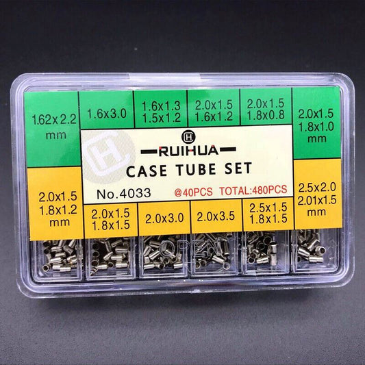 Stainless steel watch case tubes set, 360 pcs in 12 sizes, waterproof design for watch repairs.
