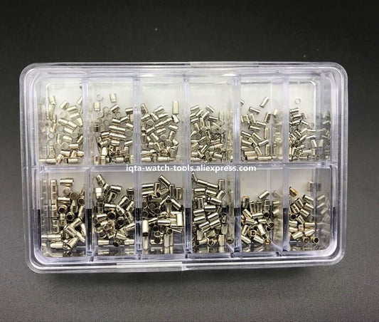 Stainless steel watch case tubes set, 360 pcs in 12 sizes, waterproof design for watch repairs.