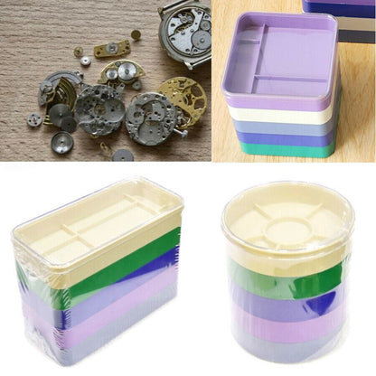 Watch parts storage box with 5 layers, organizing screw components and hardware for precise watch repair.