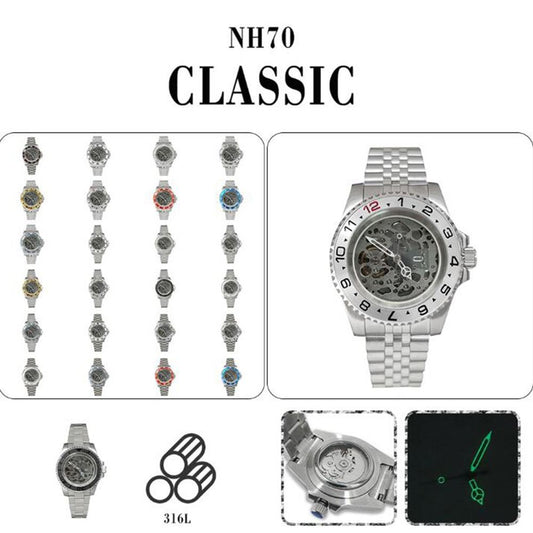 NH70 40mm stainless steel watch case with sapphire glass, hollow dial, and luminous hands by NH70.