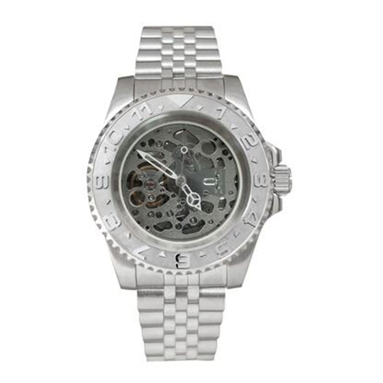 NH70 40mm stainless steel watch case with sapphire glass, hollow dial, and luminous hands for sleek timekeeping.