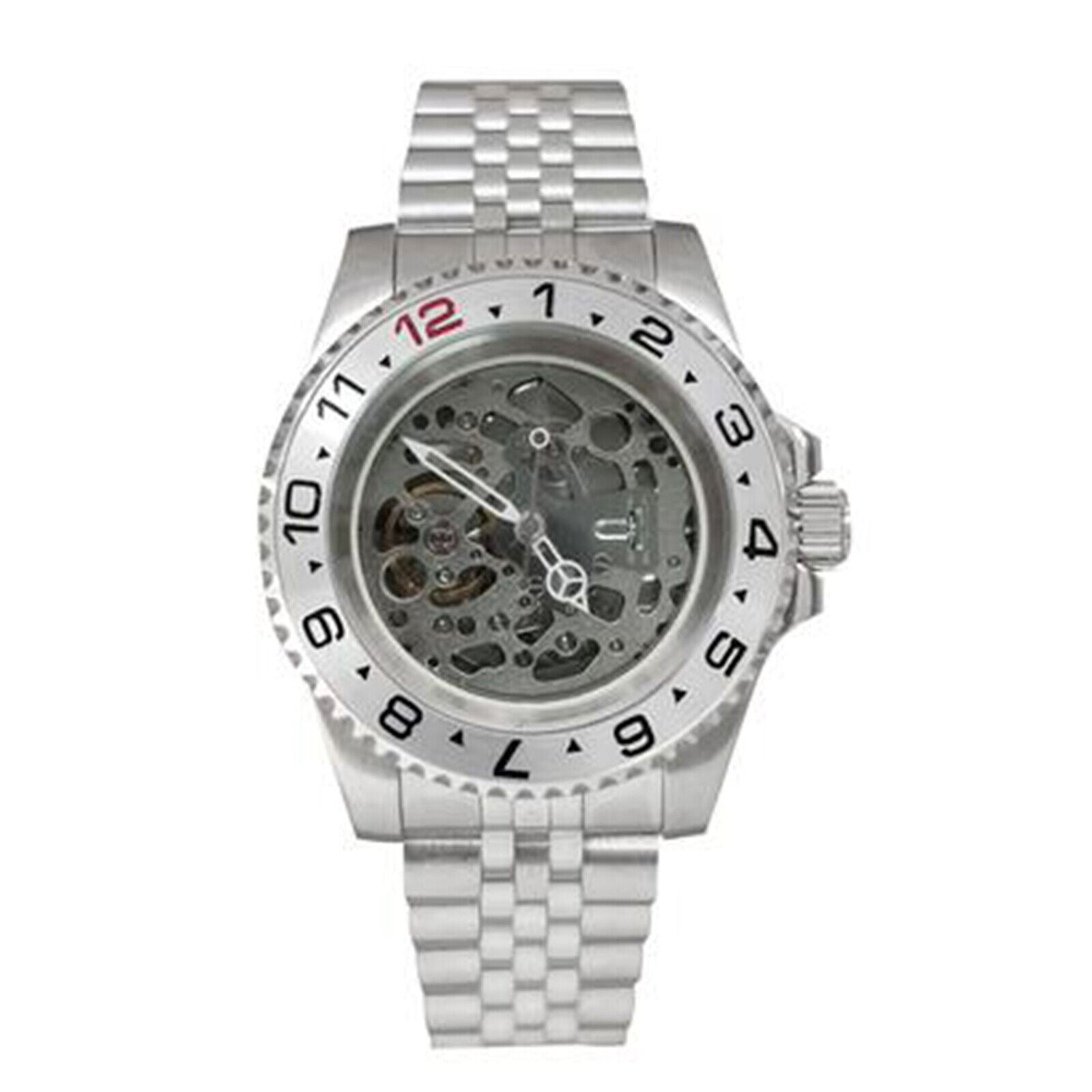 NH70 40mm stainless steel watch case with sapphire glass, hollow dial, and luminous hands by NH70, ideal for stylish watch customization.