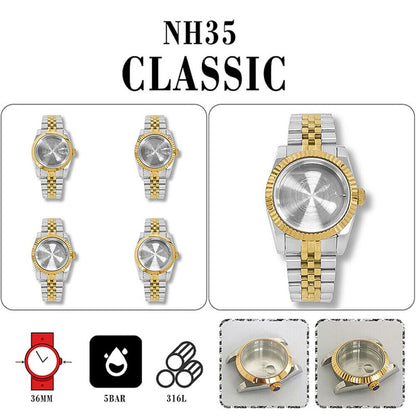 36mm stainless steel watch case with strap, compatible with NH35/NH36 movement models.