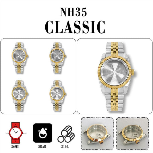 36mm stainless steel watch case with strap, compatible with NH35/NH36 movement models.