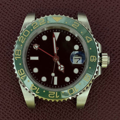 3804 40mm 316L stainless steel GMT watch case with sapphire glass and luminous hands for precise timekeeping.