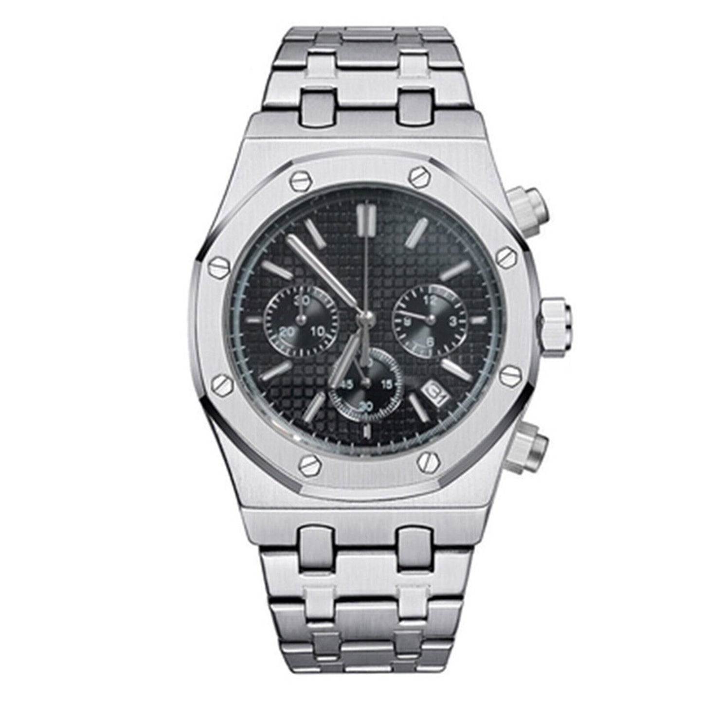 41MM stainless steel watch case and strap with VK63 movement, featuring scratch-resistant sapphire glass.