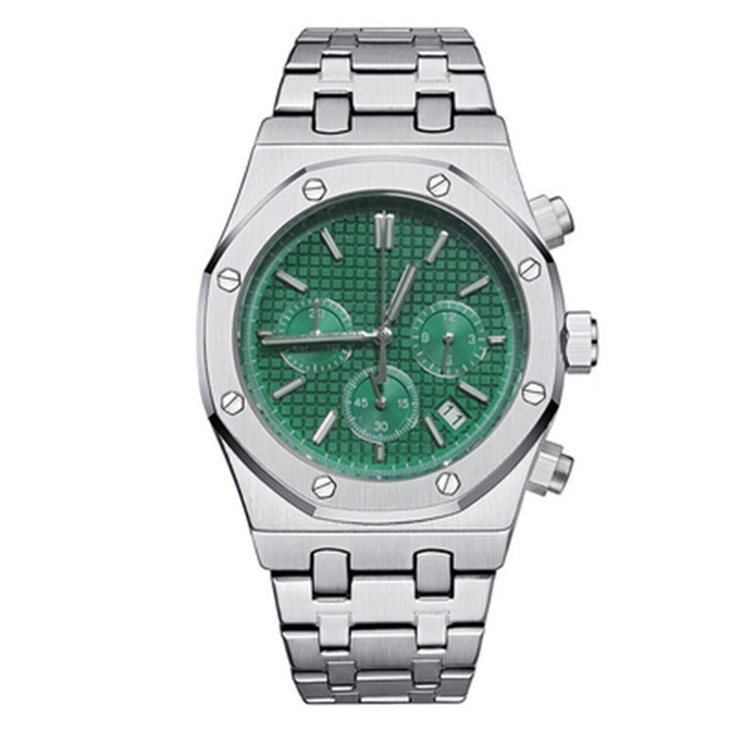 41MM stainless steel watch case and strap with VK63 movement, sapphire glass for durable style.