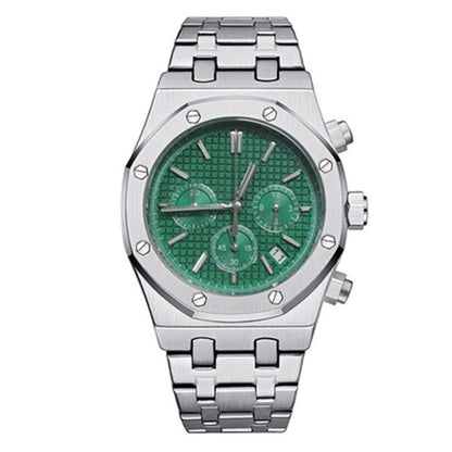 41MM stainless steel watch case and strap with VK63 movement, sapphire glass for durable style.