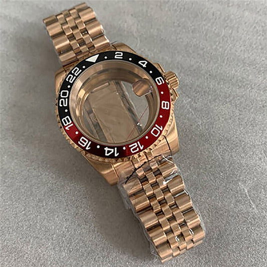Golden 40mm watch case with sapphire glass, compatible with NH35/36 movement, for stylish watchband upgrades.