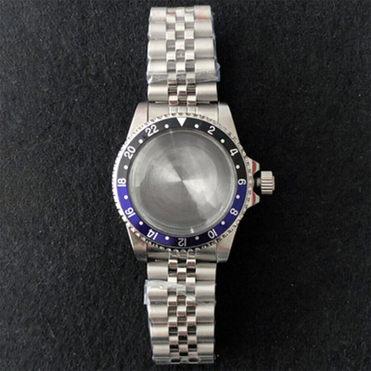 39.5mm stainless steel watch case with strap band, compatible with NH35/NH36 movement, durable design.