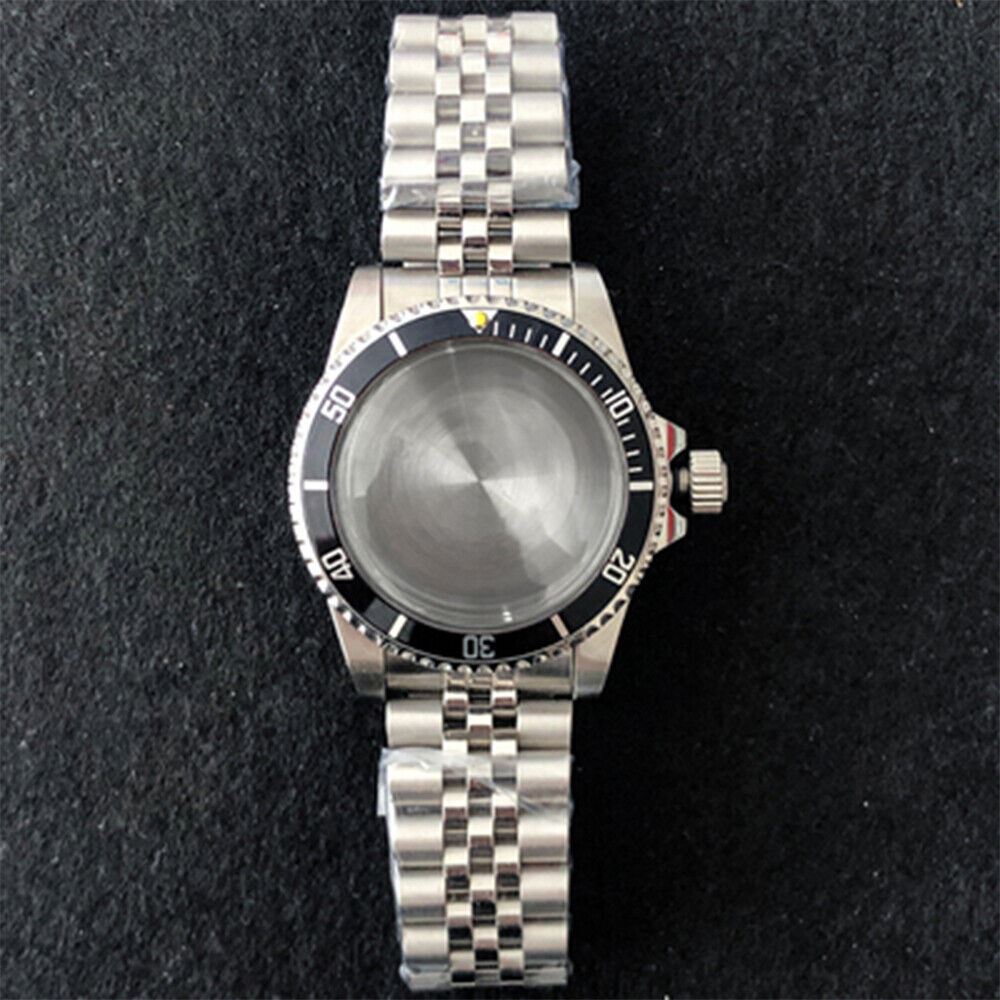 39.5mm stainless steel watch case with strap band, compatible with NH35/NH36 movement, durable design.