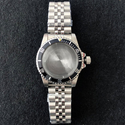 39.5mm stainless steel watch case with strap band, compatible with NH35/NH36 movement, durable design.