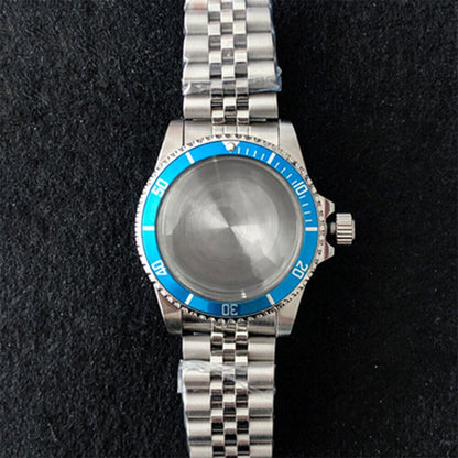 39.5mm stainless steel watch case with strap band, compatible with NH35/NH36 movement, durable design.