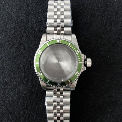 39.5mm stainless steel watch case with strap band, compatible with NH35/NH36 movement, durable design.