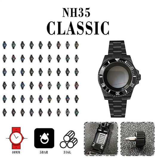 40mm PVD black stainless steel watch strap with sapphire glass, compatible with NH35/NH36 movements.