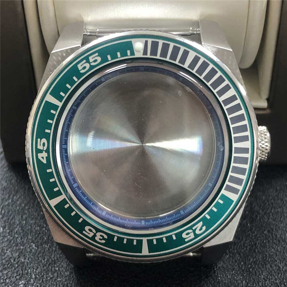 43mm stainless steel watch case with sapphire glass for NH35/NH36 movements, durable and sleek.