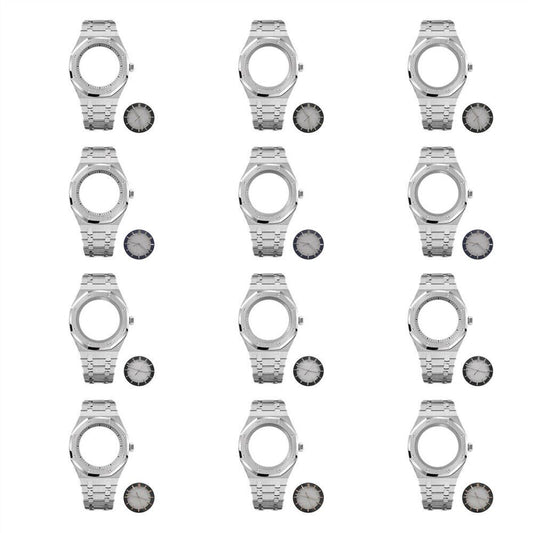 41MM NH70 watch case with black strap, silver dial, and luminous watch hands for custom builds.