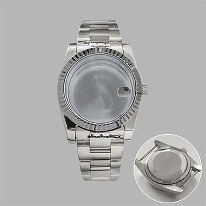 36mm stainless steel watch case and strap with transparent calendar, fits NH35/36 movements, sleek design.