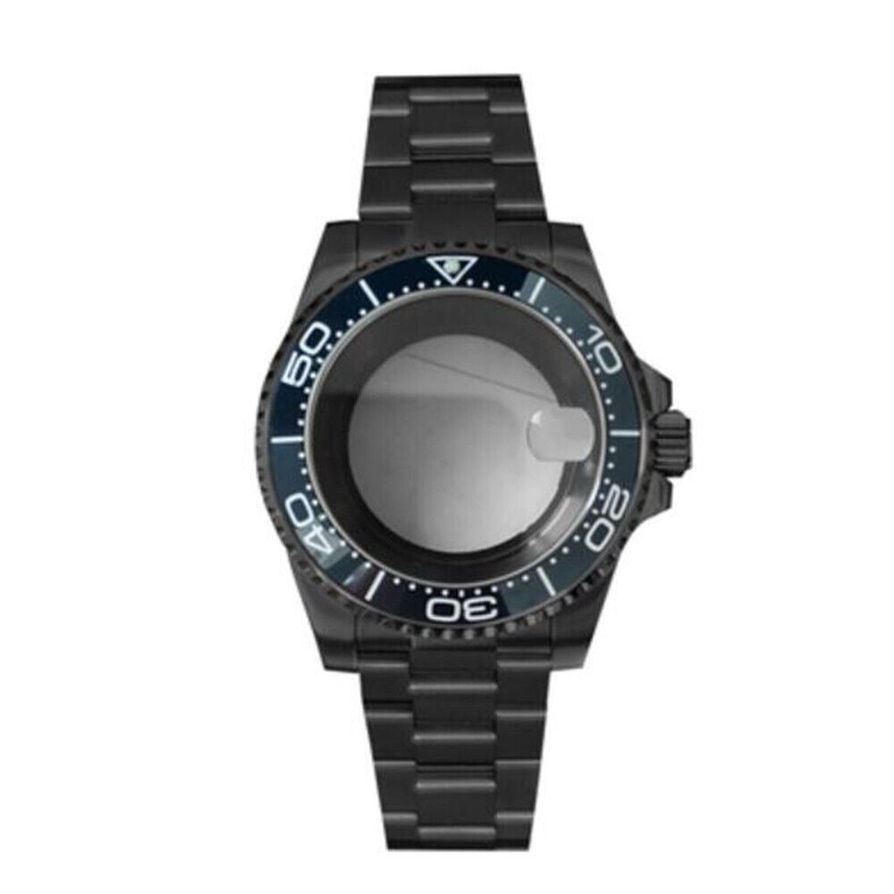 Black PVD SUB watch case with strap, 40mm sapphire glass, 5ATM waterproof, compatible with NH35/NH36 movements.