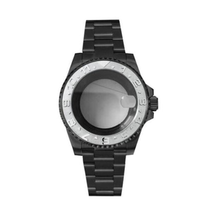 Black PVD SUB watch case with strap, 40mm sapphire glass, 5ATM waterproof, compatible with NH35/NH36 movements.